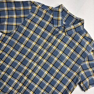 Prana Mens Organic Cotton Short Sleeve Plaid Button Down Shirt Blue Yellow SML